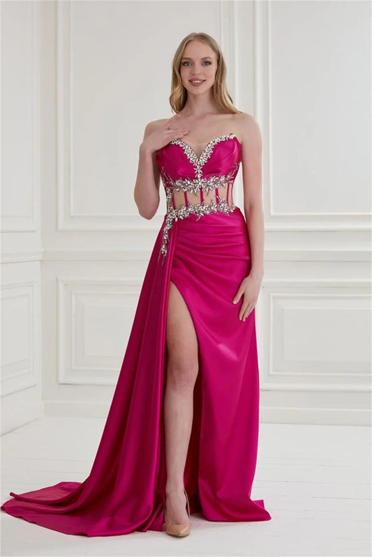 Strapless Prom Dresses Heart Shaped Neck Mermaid Satin فساتين السهرة Floor-Length Sexy Side Split Vestidos De Noche