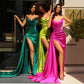 Fuchsia Evening Dresses Green Sage Ruched Pleats Strapless V Neck Stretchy Satin Mermaid Long with Slit Prom Gowns
