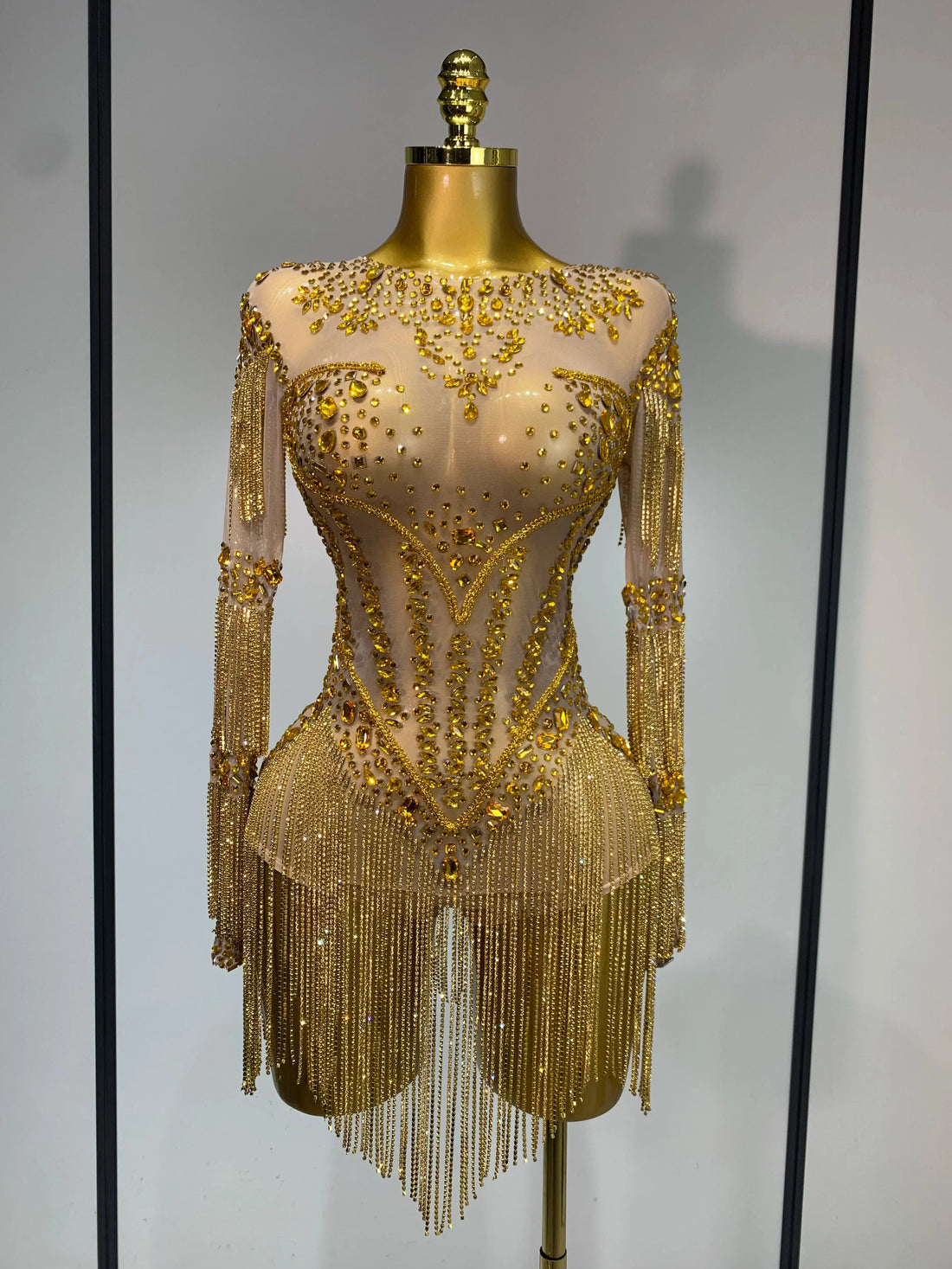 Luxury Birthday Evening Party Gown Sparkly Rhinestone Bodysuit Women Sexy Mesh See Through Performance Dance Stage Costume Gold