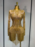 Luxury Birthday Evening Party Gown Sparkly Rhinestone Bodysuit Women Sexy Mesh See Through Performance Dance Stage Costume Gold