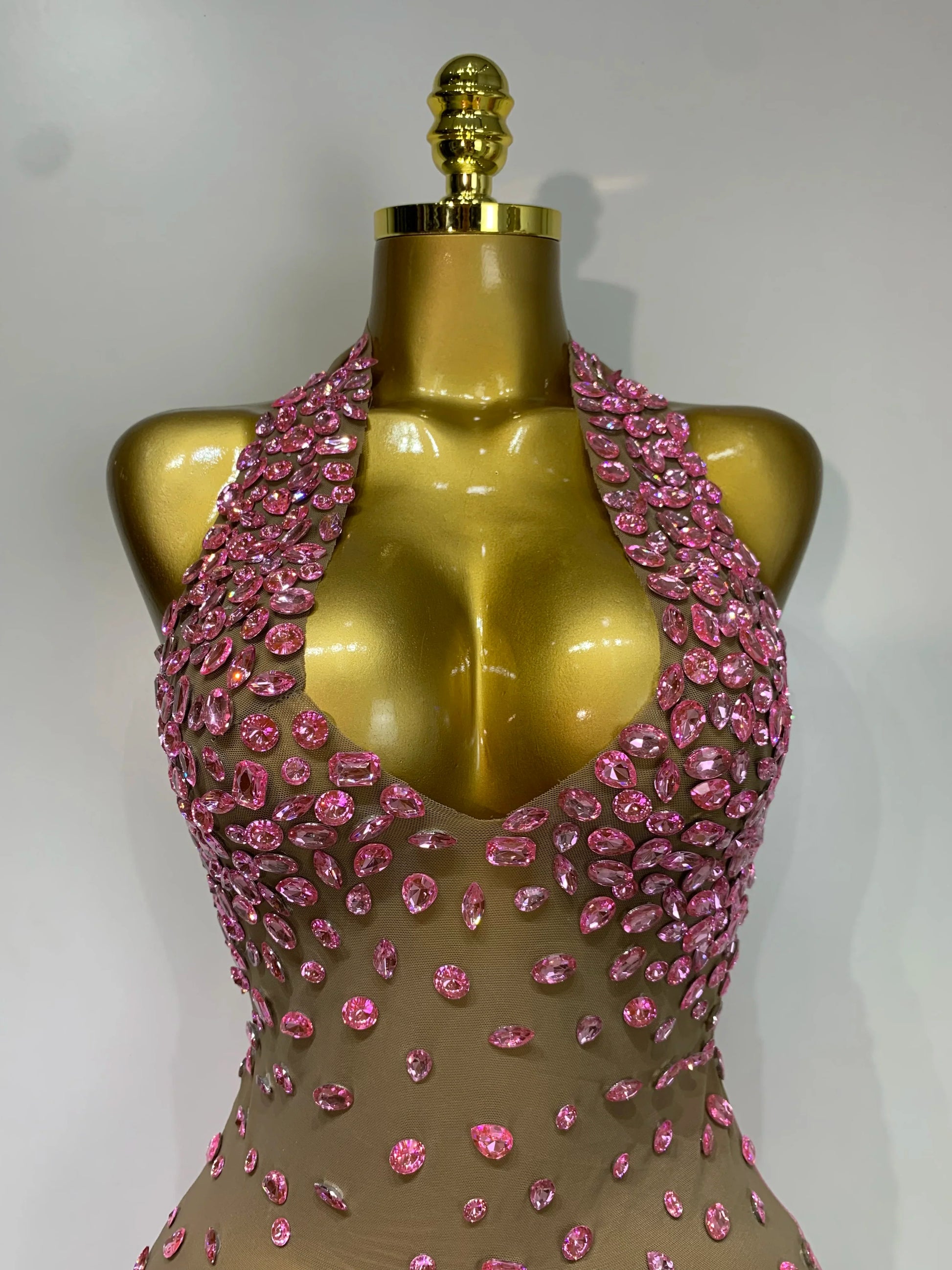 Luxury Rhinestones Backless Mini Dress Women Sexy Mesh Transparent Celebrate Evening Birthday Photo Shoot Perform Stage Outfit