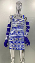 Dazzling Diamonds Strapless Mini Dress And Oversleeve 2 Pieces Fashionable Woman Birthday Party Outfit Performances Costume Blue