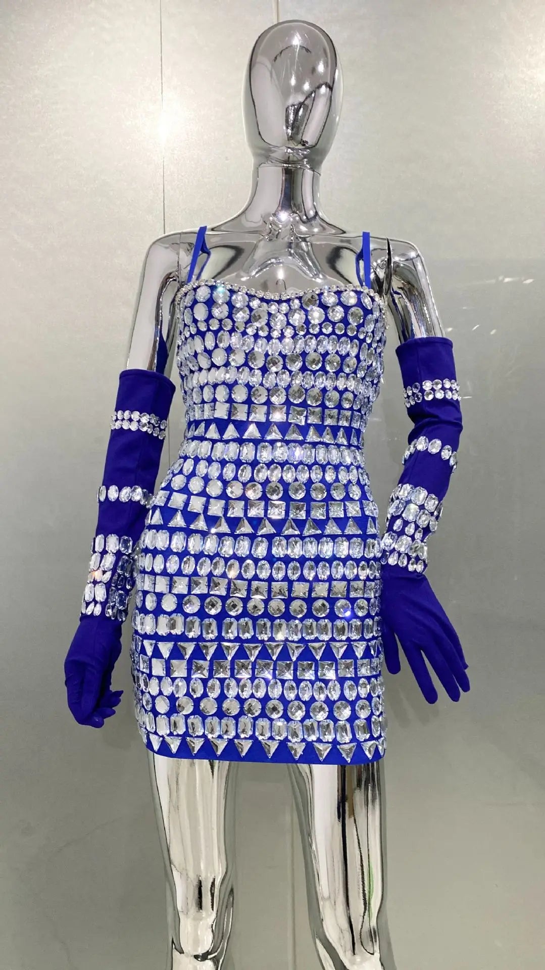 Dazzling Diamonds Strapless Mini Dress And Oversleeve 2 Pieces Fashionable Woman Birthday Party Outfit Performances Costume Blue