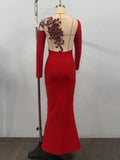 Sexy Women Christmas Dress O-neck Long Sleeve Gauntlet Heavy duty sequin Flower Design Bodycon Backless Long Dress Vestidos