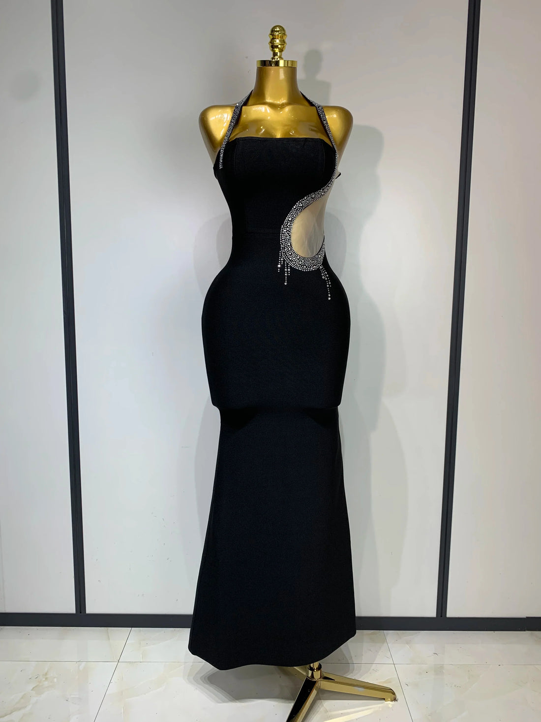Women Sexy Rhinestone Halter Long Bandage Bodycon Dress Celebrity Elegant Evening Party Luxury Birthday Wedding Dresses black