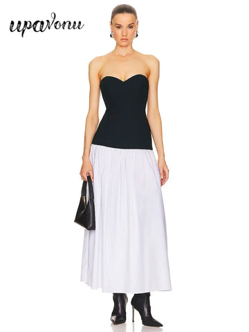 Sexy Women'S Patchwork Long Dress Strapless Sleeveless A-Line Backless Pleated Dress Cocktail Evening Club Party Vestitos