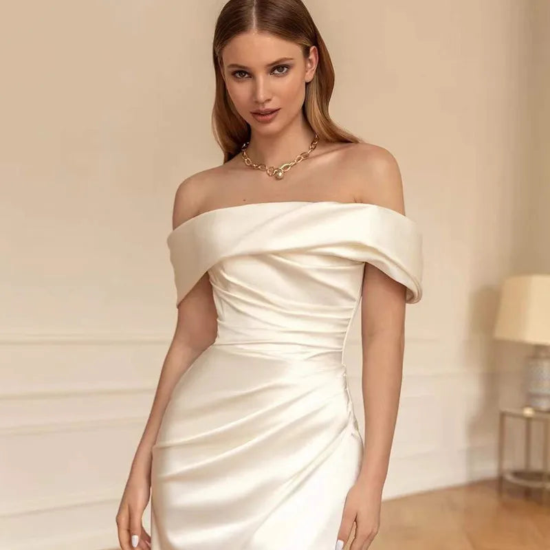 Gaun pengantin satin duyung yang elegan dari gaun pengantin leher bahu untuk wanita dibuat hochzeitskleid adat