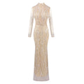 High-Shine Beige Sequins Pearls & Mesh Long Sleeve Dress for Gala Spotlight Party Evening Gown Beige