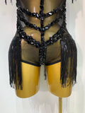 Sexy Mesh SeeThrough Black Rhinestone Bodysuit Singer Dancer Show Stage Outfit Celebrate Birthday party Club Performance Waer