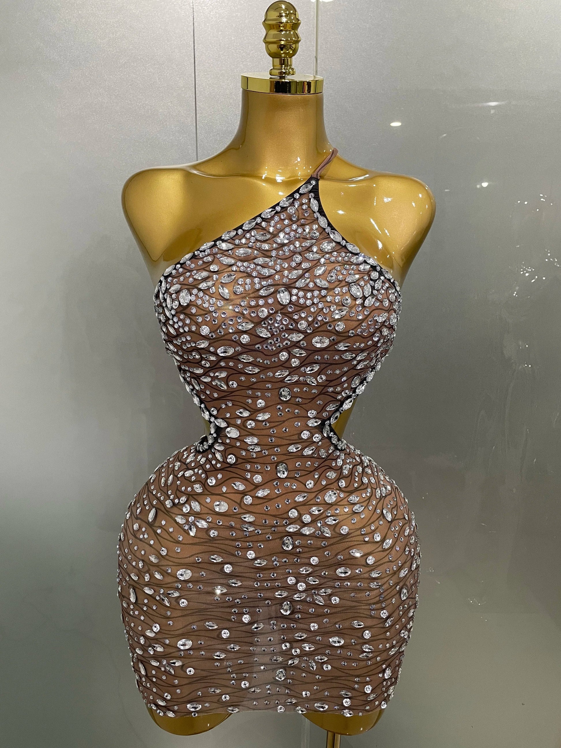 Luxury Sexy Backless Hollow Out Sparkle Diamond Evening Prom Women Birthday Celebrate Stage Nightclub Outfit Light Brown
