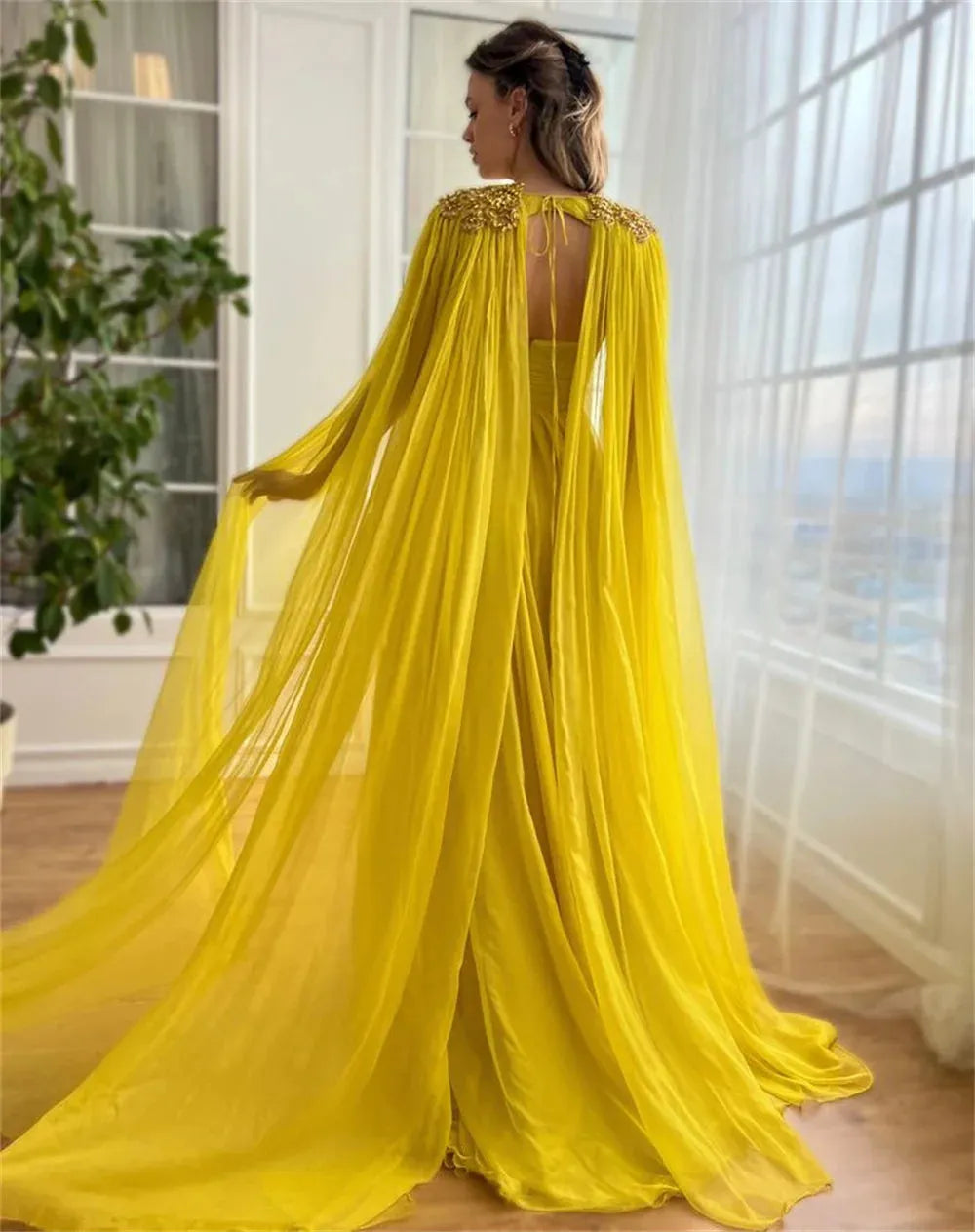 Yellow Tulle Prom Dresses Detachable Shawl A-line فساتين السهرة Elegant Sleeveless Side Split vestidos verano moda as pic