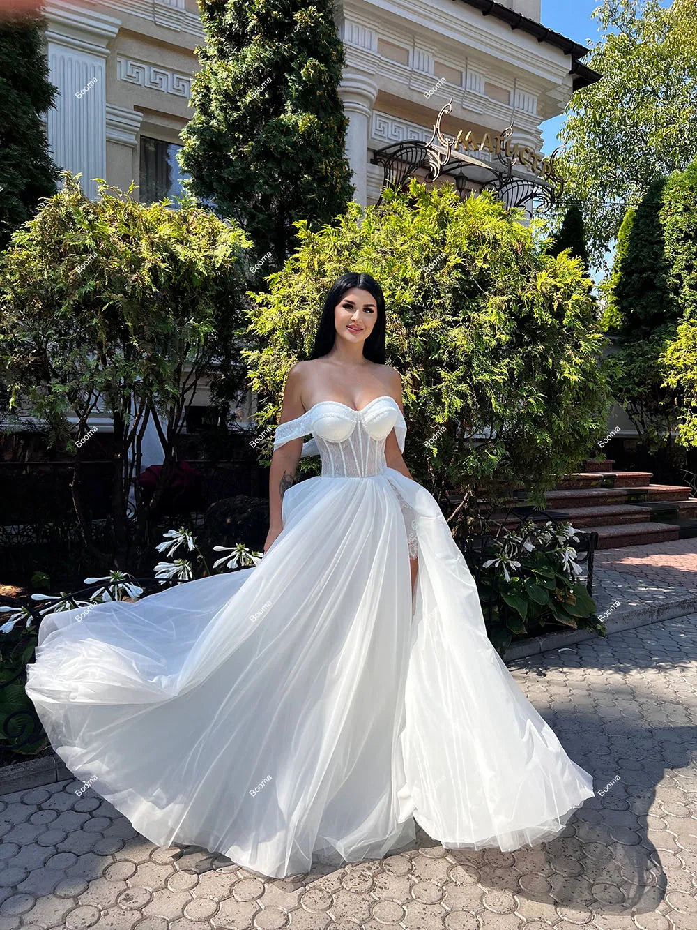Gaun Perkahwinan Pantai A-Line untuk Wanita dari Bahu Bahu Pengantin Petang Malam Kaki Tinggi Renda Renda Pakaian Bridasl Panjang