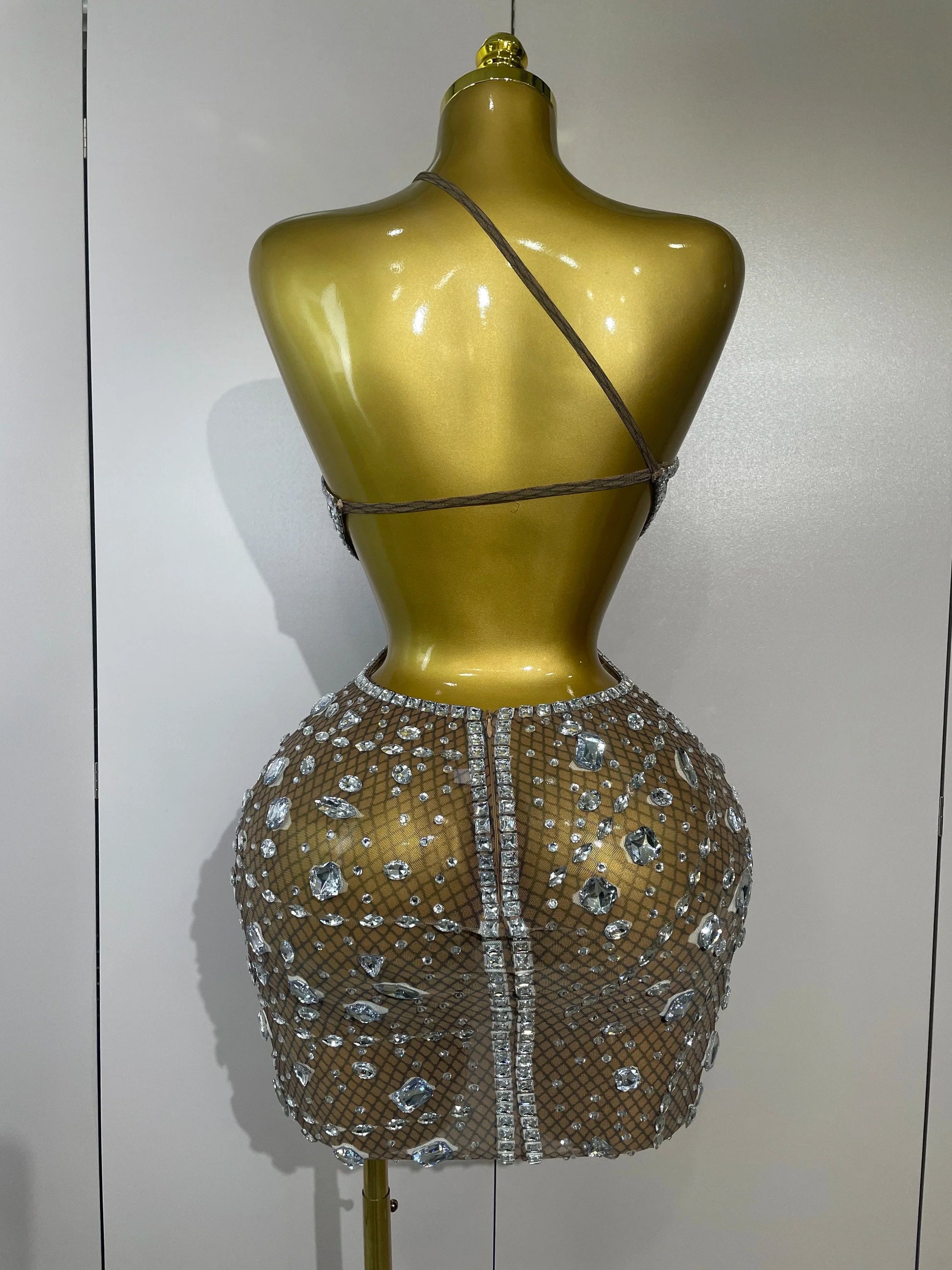 Women Sparkly Big Crystal Sexy Off the Shoulder Mesh See Through Mini Dress Nightclub Party Celebrate Birthday Dress