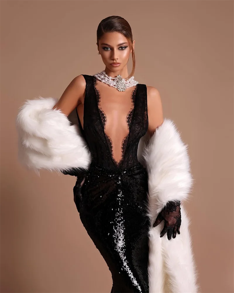 Black Lace Patchwork Sequins Sexy V-Neck Mermaid Floor Length Dress Fashion Woman Party Dress Celebrity banquet Outfit