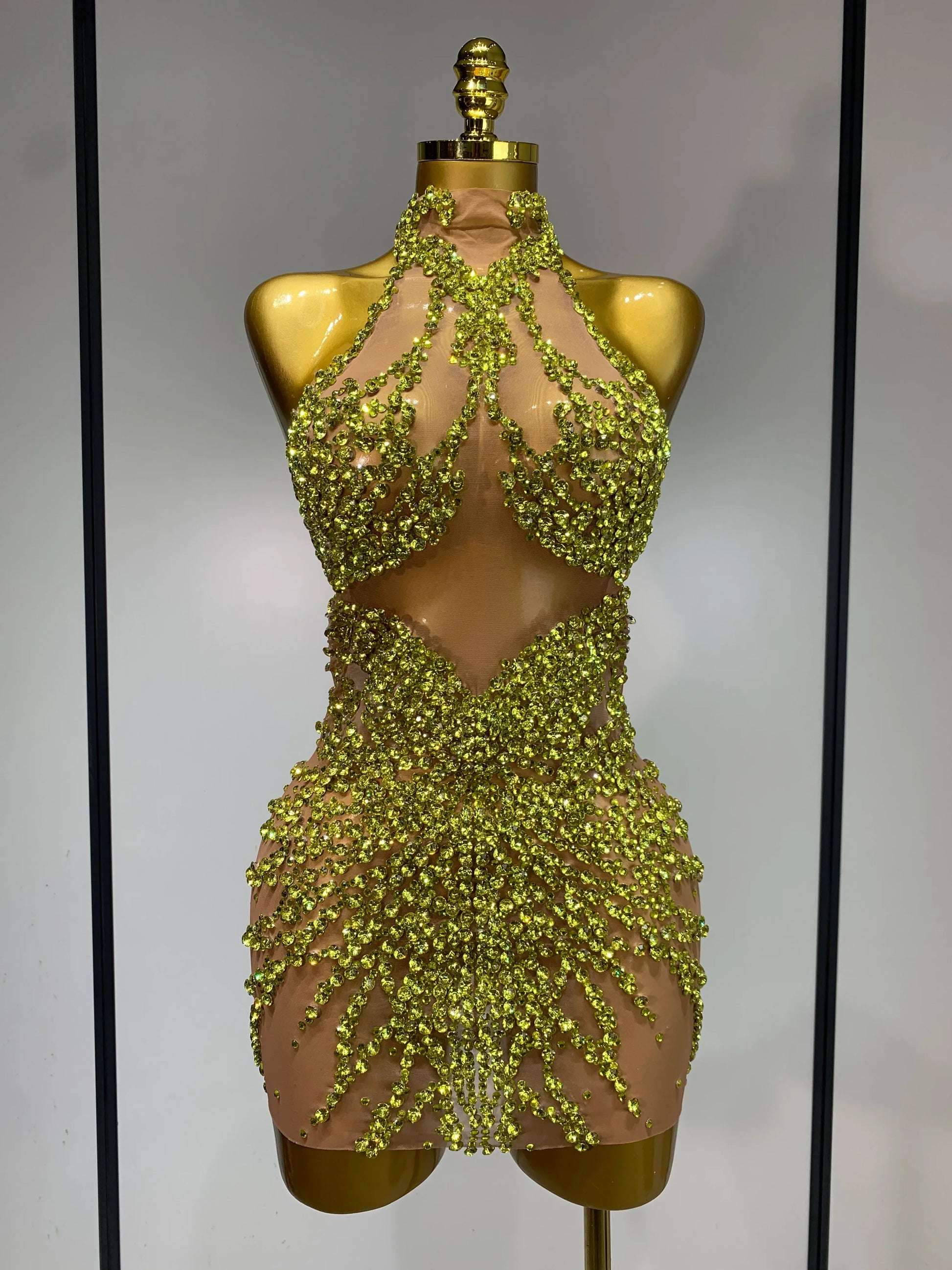 Luxury Rhinestones Mesh Transparent Prom Mini Dress Shinny Women Birthday Celebrate Party Prom Nightclub Outfit Stage Costume Gold