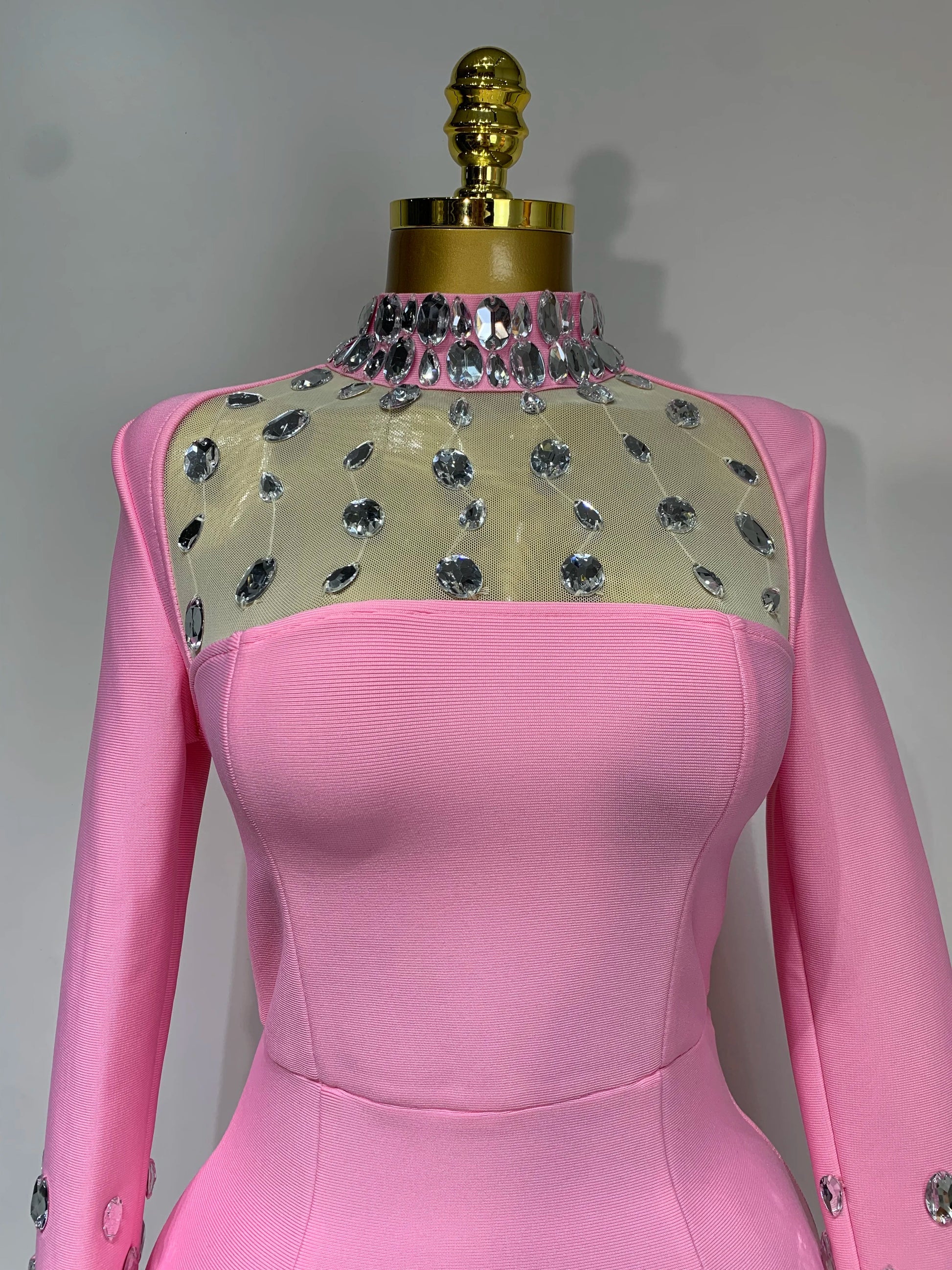 Luxury Birthday Dresses Diamond Long Sleeve Pink Bodycon Bandage Dress Women Wedding Evening Prom Gowns