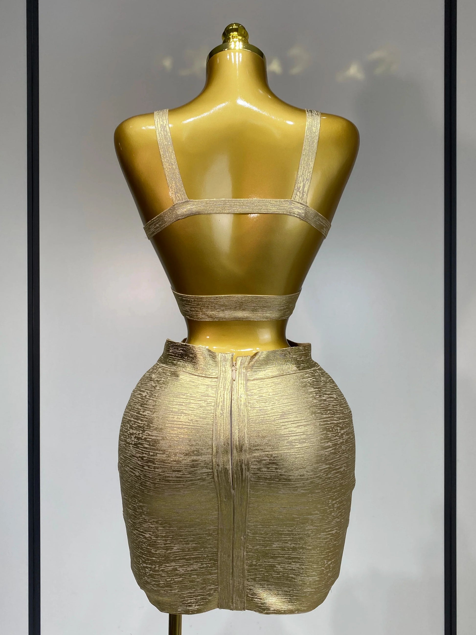 Summer Sexy V Neck Gold Bandage Two Pieces Set Women Charming Celebrity Bodycon Skirt Suits Club Birthday Vestido