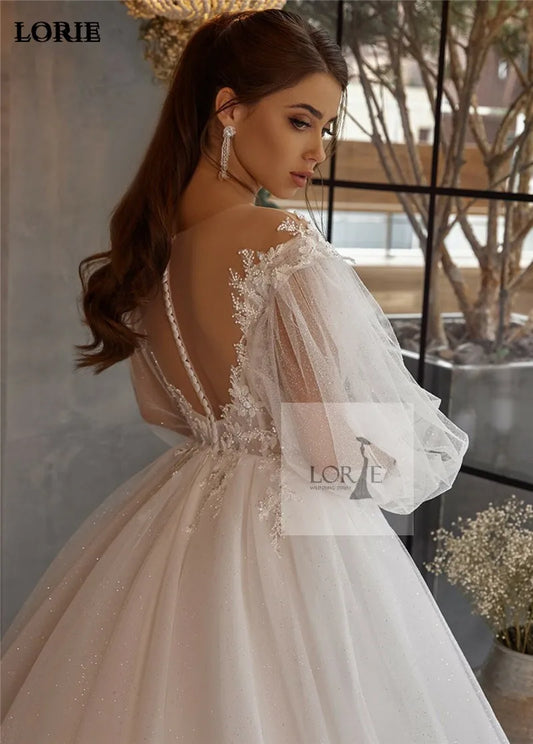 Shiny Glitter Lace Wedding Dresses Puff Sleeve Appliques Pearls off Shoulder Tulle Boho Bride Gown vestidos de novia