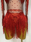 Women Sexy Elasticity Performance Dance Nightclub Rompers Singer Stage Outfit Sparkly Rhinestone Tassels Bodysuit Birthday Wear