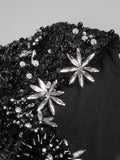 Black Sequins Sweet Heart Neckline Long Dress Hollow Out Low Cut Long Sleeves Diamond Flowers Details Bodycon Evening Gown