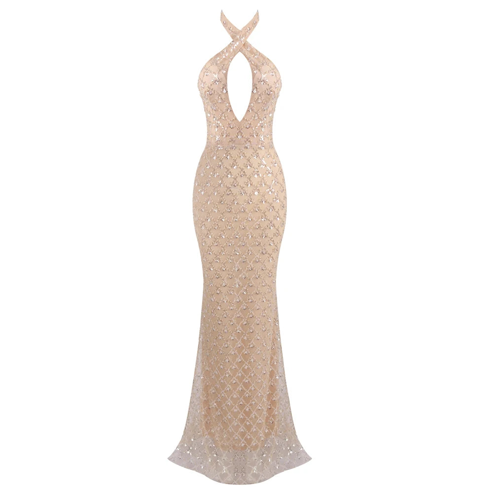 Beige Halter Mermaid Long Dress Key Hole Backless Sequins Sleeveless Celebrity Maxi Evening Party Gowns Vestidos Beige