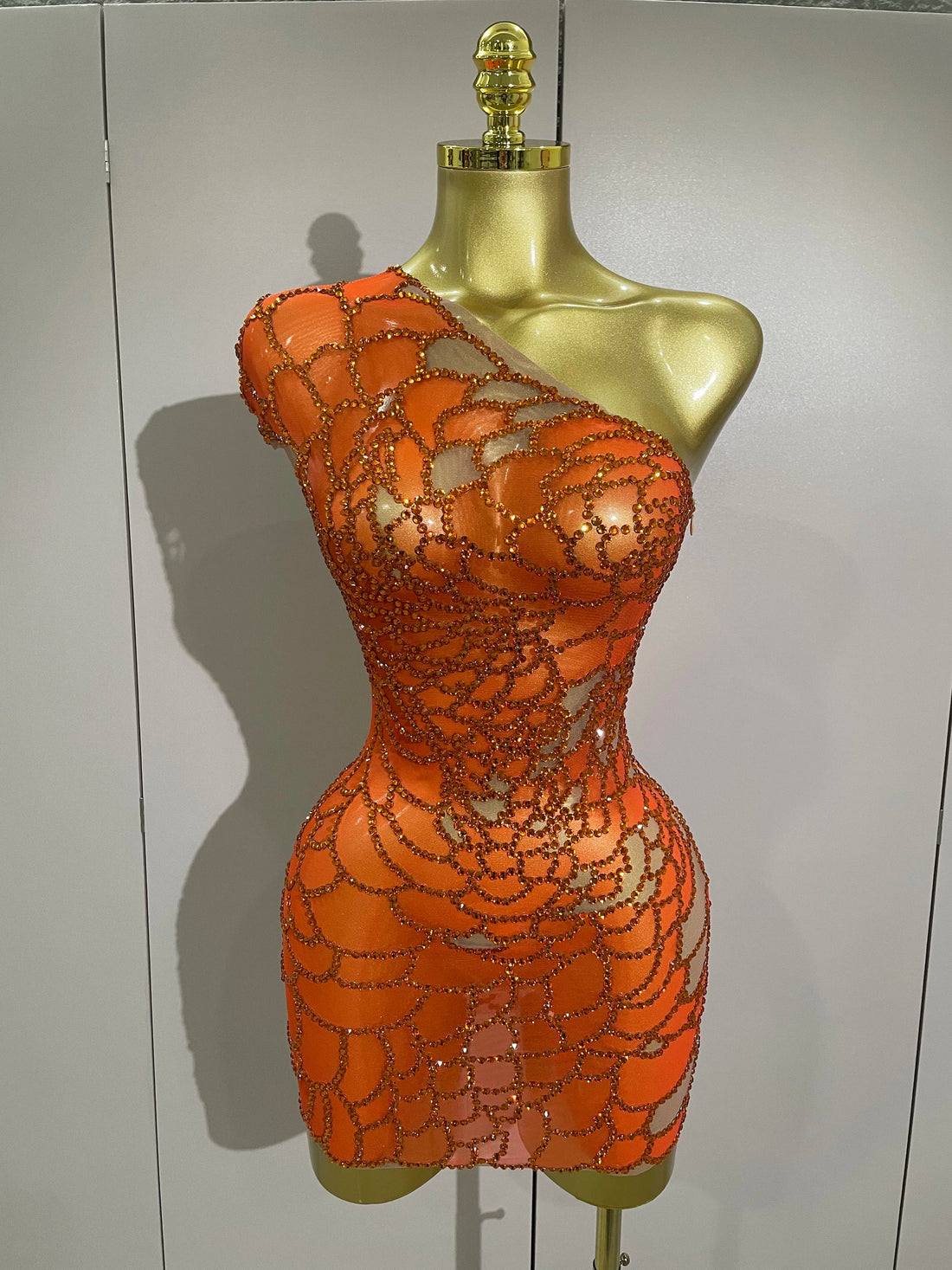 Women Shining Rhinestones Sexy One Shoulder Cultivation Dress Birthday Celebrate Party Evening Gown Singer Stage Costume Orange