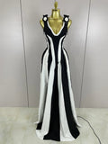 Sexy Black White Flower Stripe High fork Sleeveless Bandage Long Dress Women Vacation Party Elegangt Party Club Dresses black