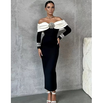 Sexy Off The Shoulder Luxury Diamonds White Patchwork Black Long Bandage Dress Elegant Woman Party Dress Wedding Party Vestido black