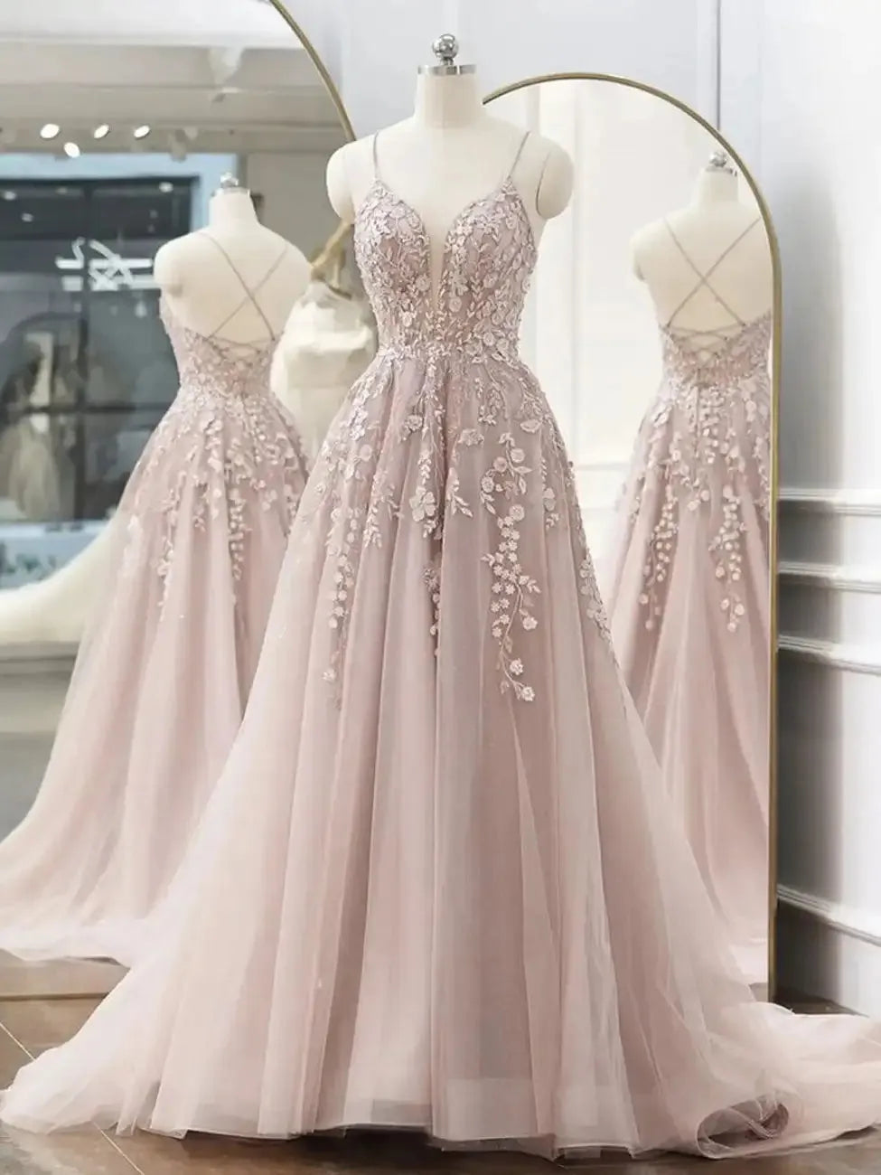 Tulle Evening Dresses Long A Line Sweetheart Spaghetti Strap Lace Applique Beaded Formal Party Gowns Pink