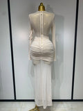 Elegant Mesh Fold Long Sleeve Bodycon Dress Women Evening Party Club Sexy Perspective Fashion Luxury Birthday Dresses