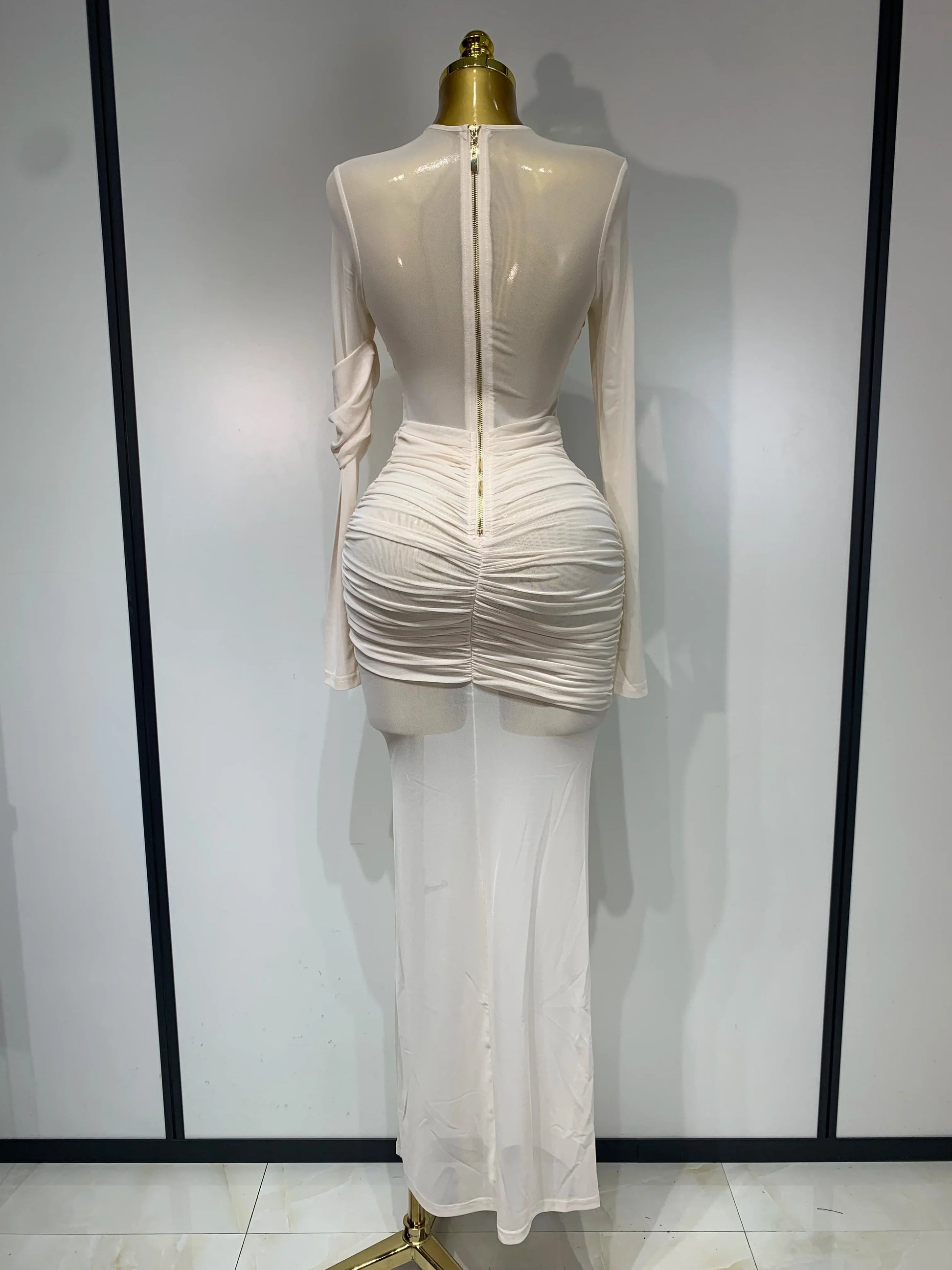 Elegant Mesh Fold Long Sleeve Bodycon Dress Women Evening Party Club Sexy Perspective Fashion Luxury Birthday Dresses