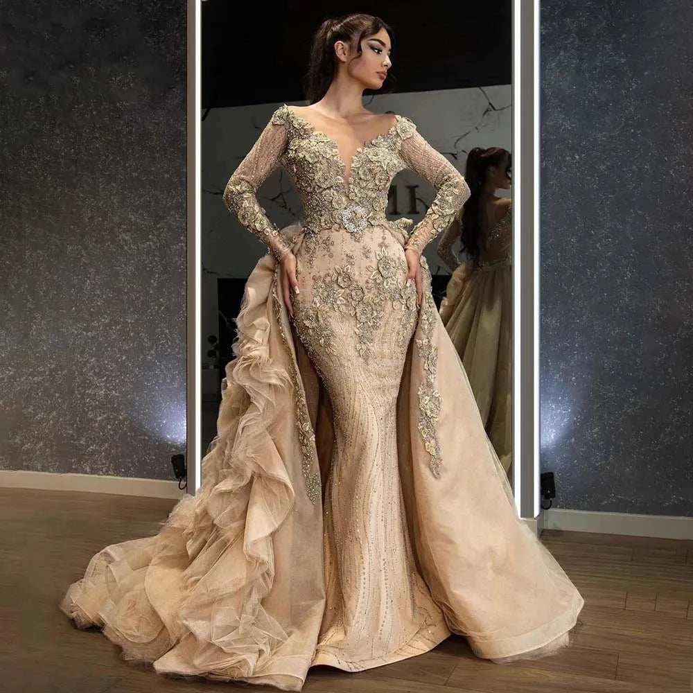 Luxury Overskirts Mermaid Prom Dresses Long Sleeves Beaded Appliques Champagne Formal Evening Dress with Dechable Train Robe Champagne