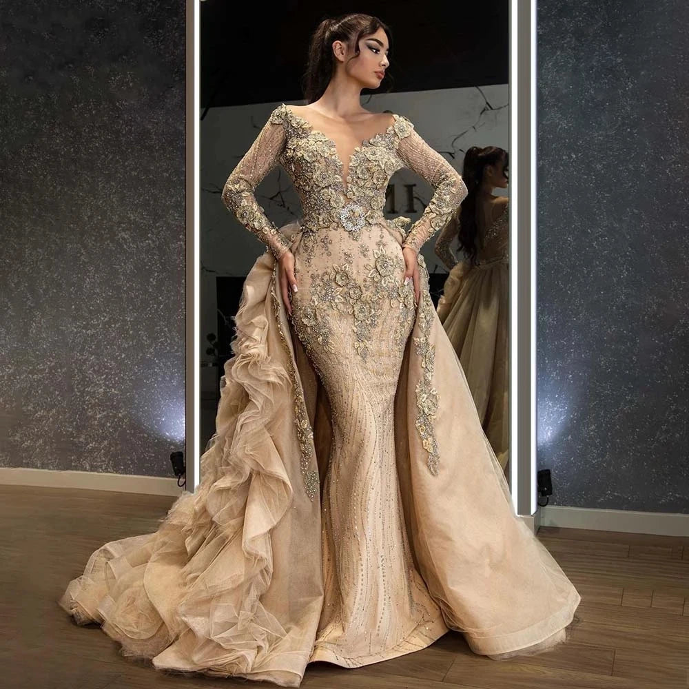 Luxury Overskirts Mermaid Prom Dresses Long Sleeves Beaded Appliques Champagne Formal Evening Dress with Dechable Train Robe
