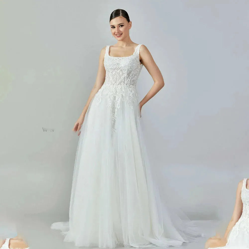 Custom Made Wide Straps Lace Applique A Line Wedding Dresses Corset Back Formal Bridal Grown Vestido De Noival 26w