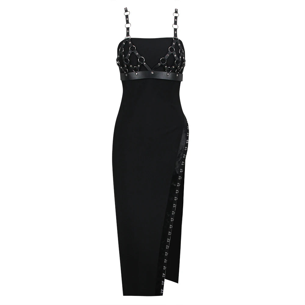 Summer Long Dress Women Sexy High Split Design Evening Party Black Bandage Dress Fashion Stage Show Wear black