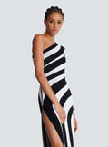 Black White Stripes Sexy High Slit One Shoulder Ankle Length Bandage Dress Fashion Woman Evening dress Celebrity Party Outfit