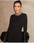 Shining Diamonds Neck Flare Sleeve Black Long Bandage Dress Elegant Woman Evening Party Dress Cocktail Party Outfit