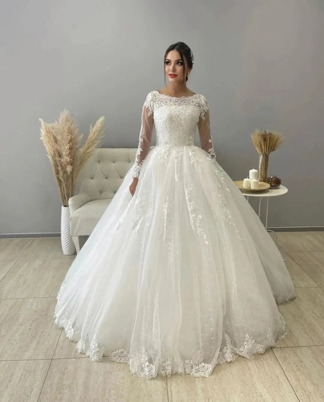 Long Sleeve Ball Gown Wedding Dress O Neck Women Lace Button