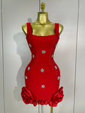 STyle Shining Crystal Women Sleeveless Bodycon Mini Bandage Dress Elegant Ruffles Cute Birthday Party Celebrate Dress Red