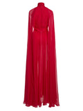 Red Color Women Fashion Cloak Sleeve Slim Floor-length Dress Elegant Eveening Party Celebrate Prom Outfit