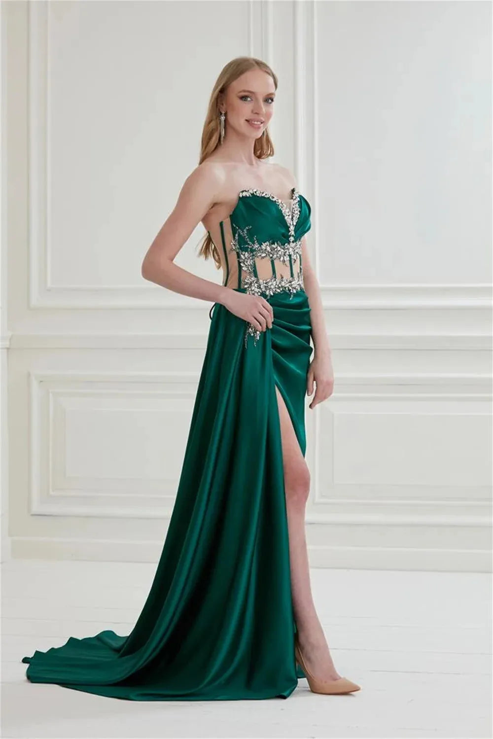 Strapless Prom Dresses Heart Shaped Neck Mermaid Satin فساتين السهرة Floor-Length Sexy Side Split Vestidos De Noche