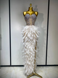 Luxury Birthday Evening Party Long Dress Women Sexy High Slit Backless Gowns Diamonds Feather Patchwork Stage Perform Costume WHITE