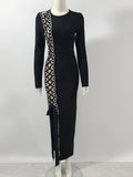 Sexy Women Heavy Industry Chain Drawstring Bandage Dress O-neck Long Sleeve Bodycon Midi Split Dress Evening Party Vestidos