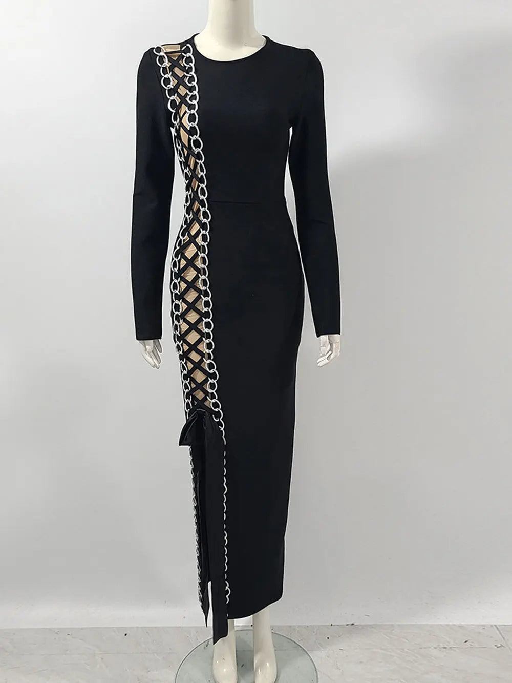 Sexy Women Heavy Industry Chain Drawstring Bandage Dress O-neck Long Sleeve Bodycon Midi Split Dress Evening Party Vestidos