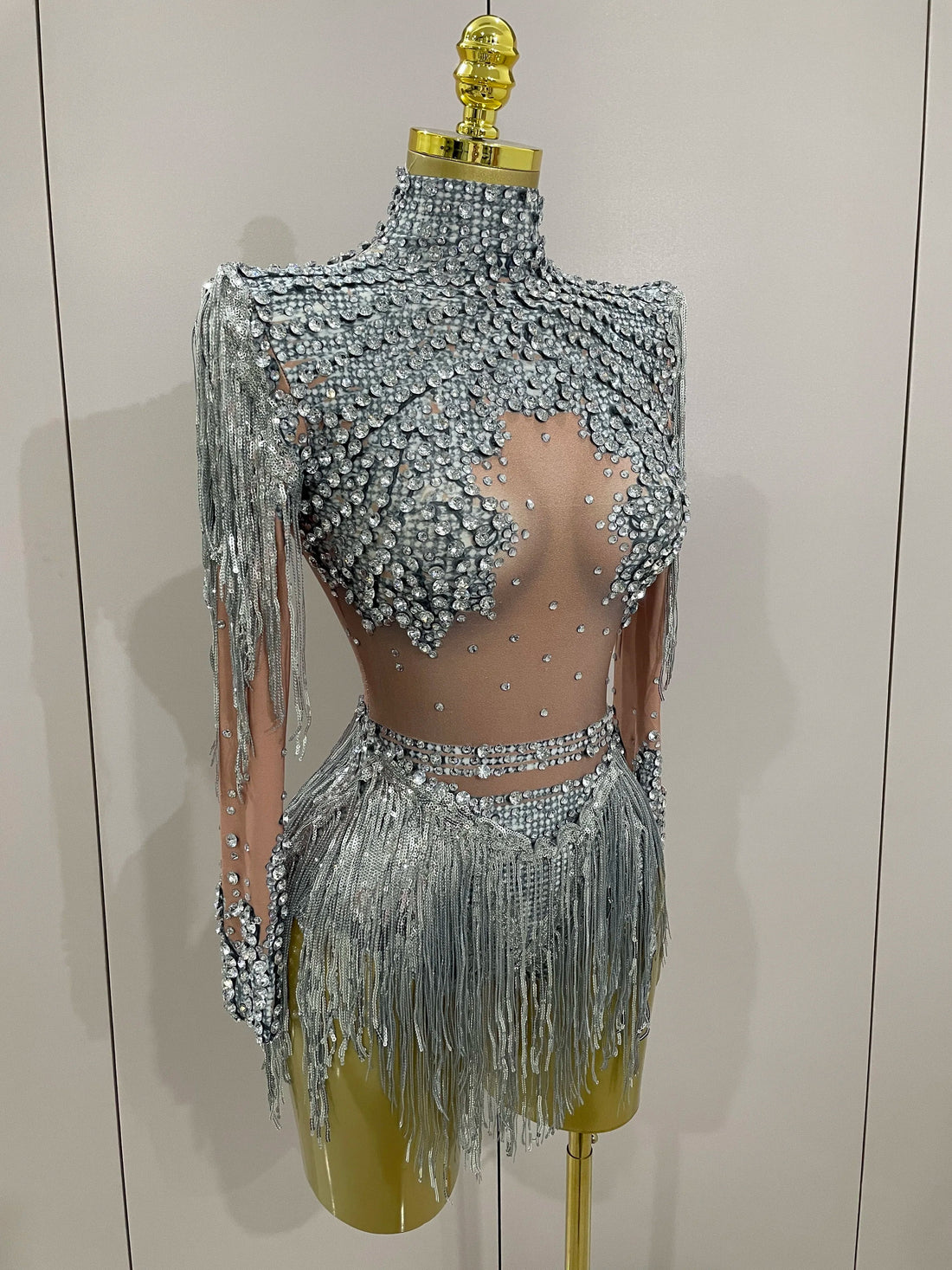 Women Sparkly Rhinestone Sequin Tassel Stretch Bodysuits Birthday Party Nightclub Dj Stage Performance Costume Silver