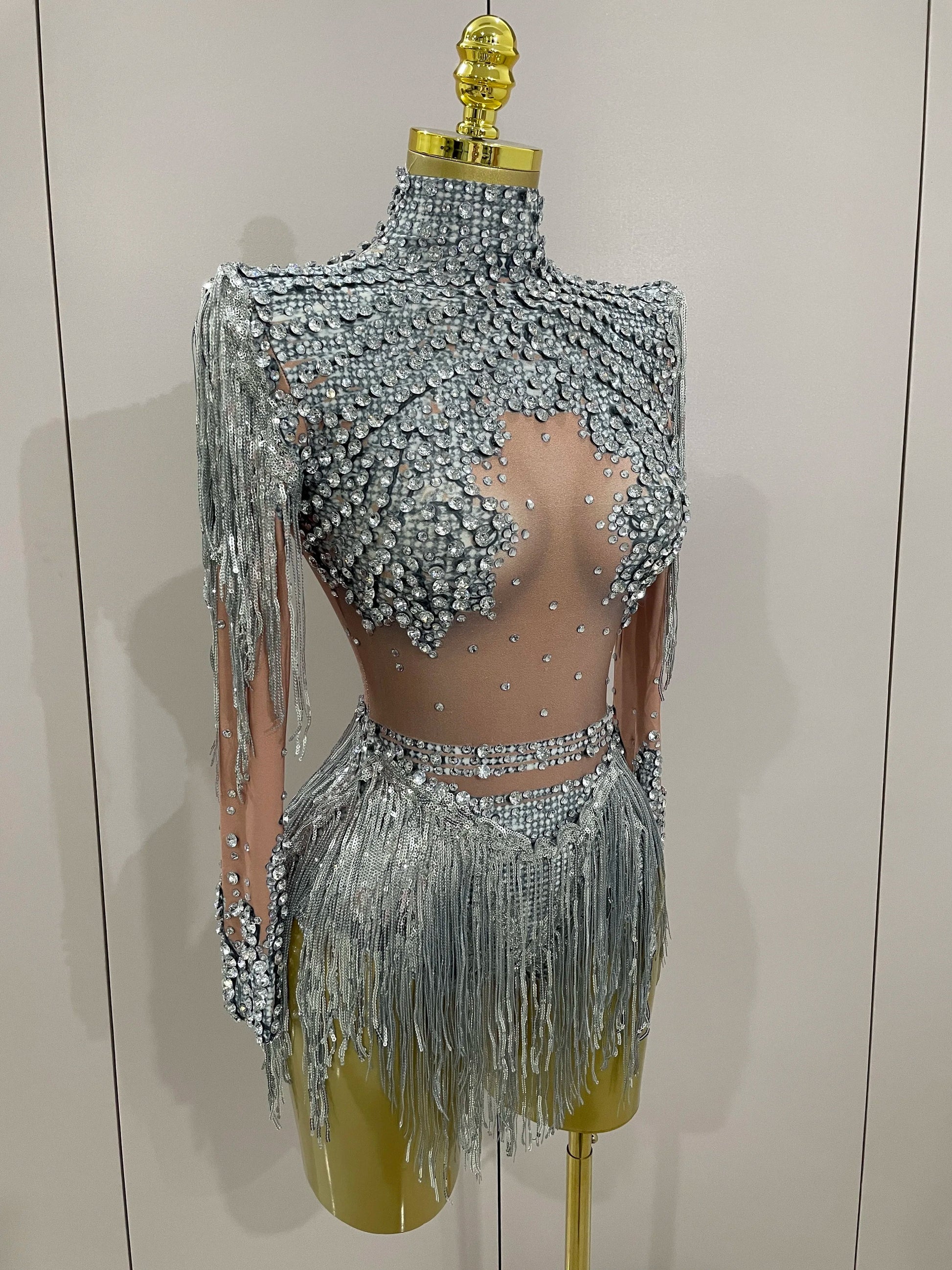 Women Sparkly Rhinestone Sequin Tassel Stretch Bodysuits Birthday Party Nightclub Dj Stage Performance Costume