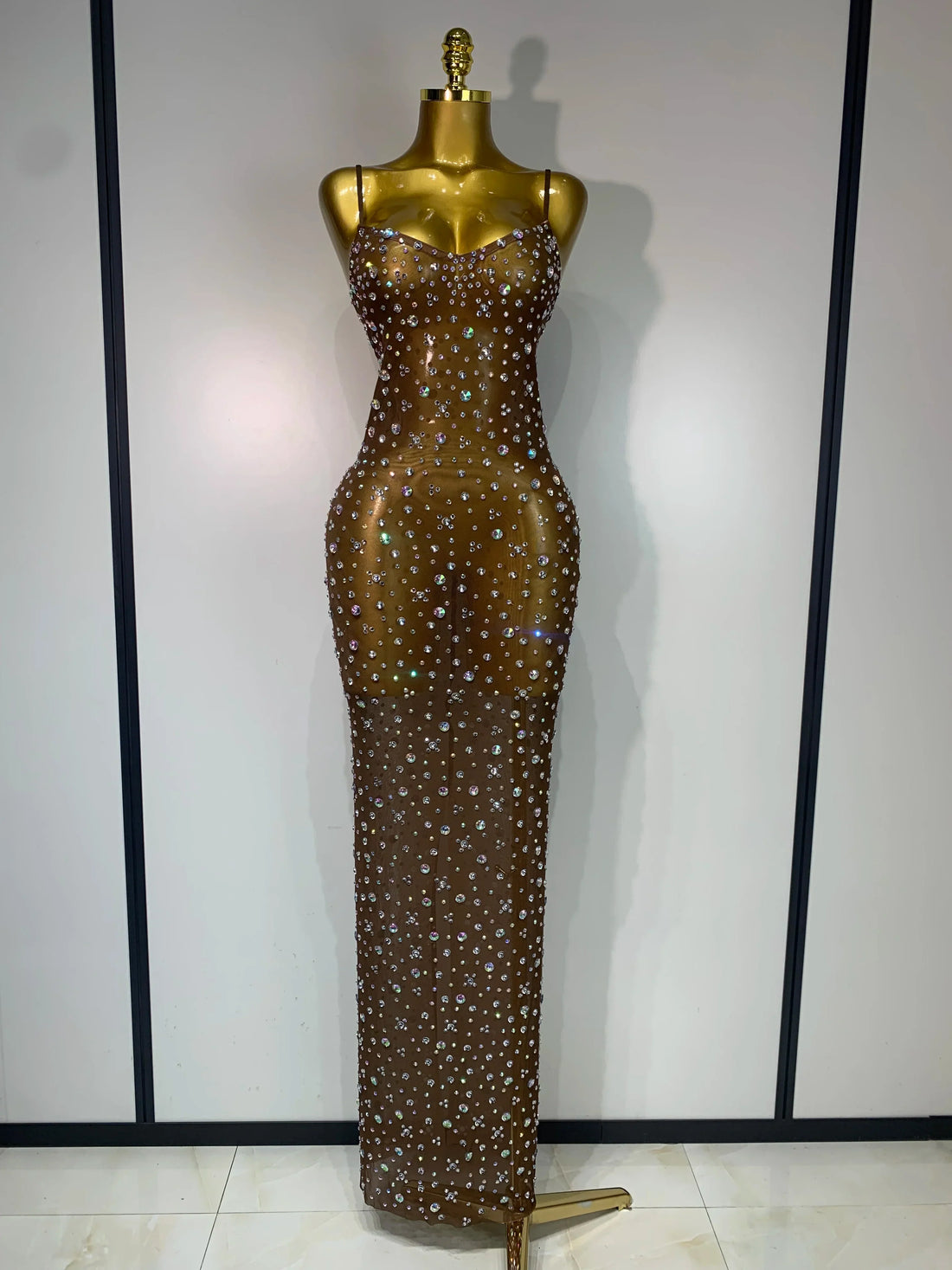 Sparkly Rhinestone Stretchy Mesh See Through Dress Women Performance Dancer Costume Luxury Birthday Nightclub Stage Outfit Dark Brown