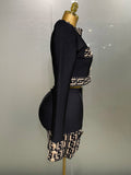 Trendy Black Long Sleeves Two Pieces Bandage Set Button Top Short Skirt Suit Evening Party Women's Outfit Nightclub Wear