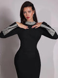 Black Long Sleeves Diamonds Turle Neck Dress Long Sleeves High Slit Celebrity Cocktail Party Bandage Long Dress Maxi Gowns