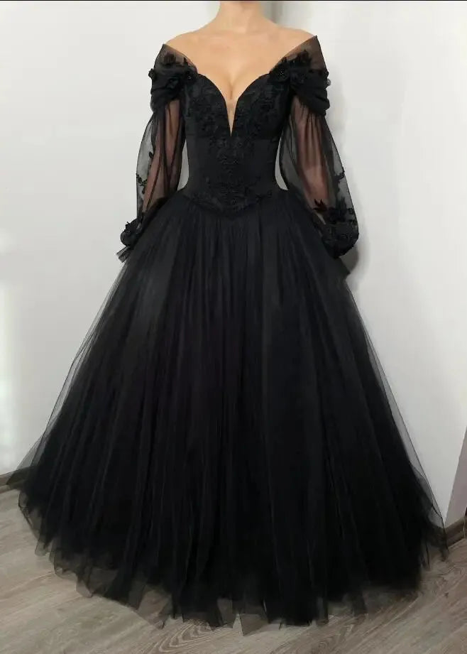 Black Evening Dresses Goethe Lace Applique Tulle Off Shoulder Puffy Full Sleeves A Line Long Chapel Train Party Prom Gowns